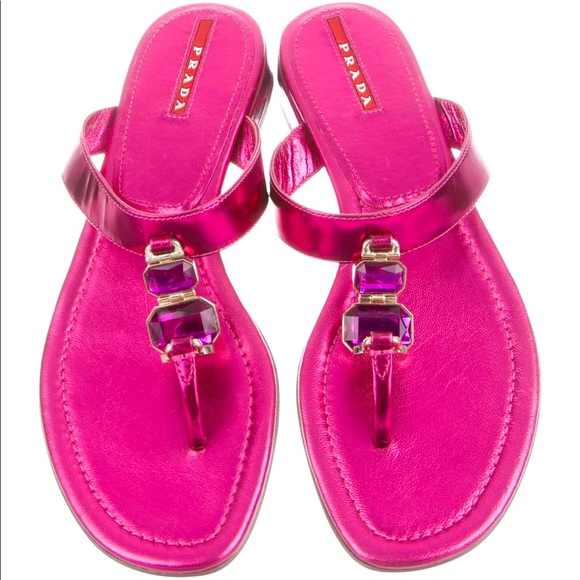 🔥authentic  Prada sport T- strap pink metallic sandals - Picture 1 of 14